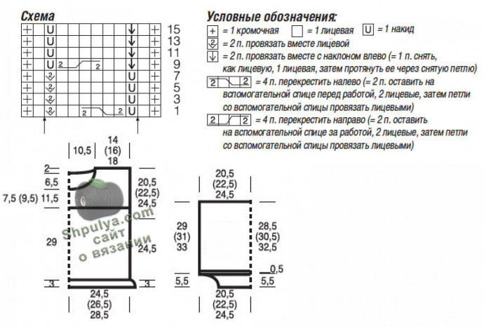 Выкройка и схема вязания ажурного пуловера