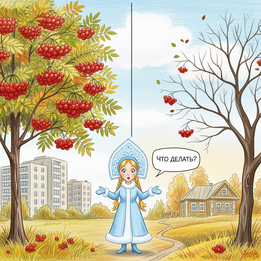 И стоит на перепутье зима, и смотрит на рябины, и не знает, что ей делать ...