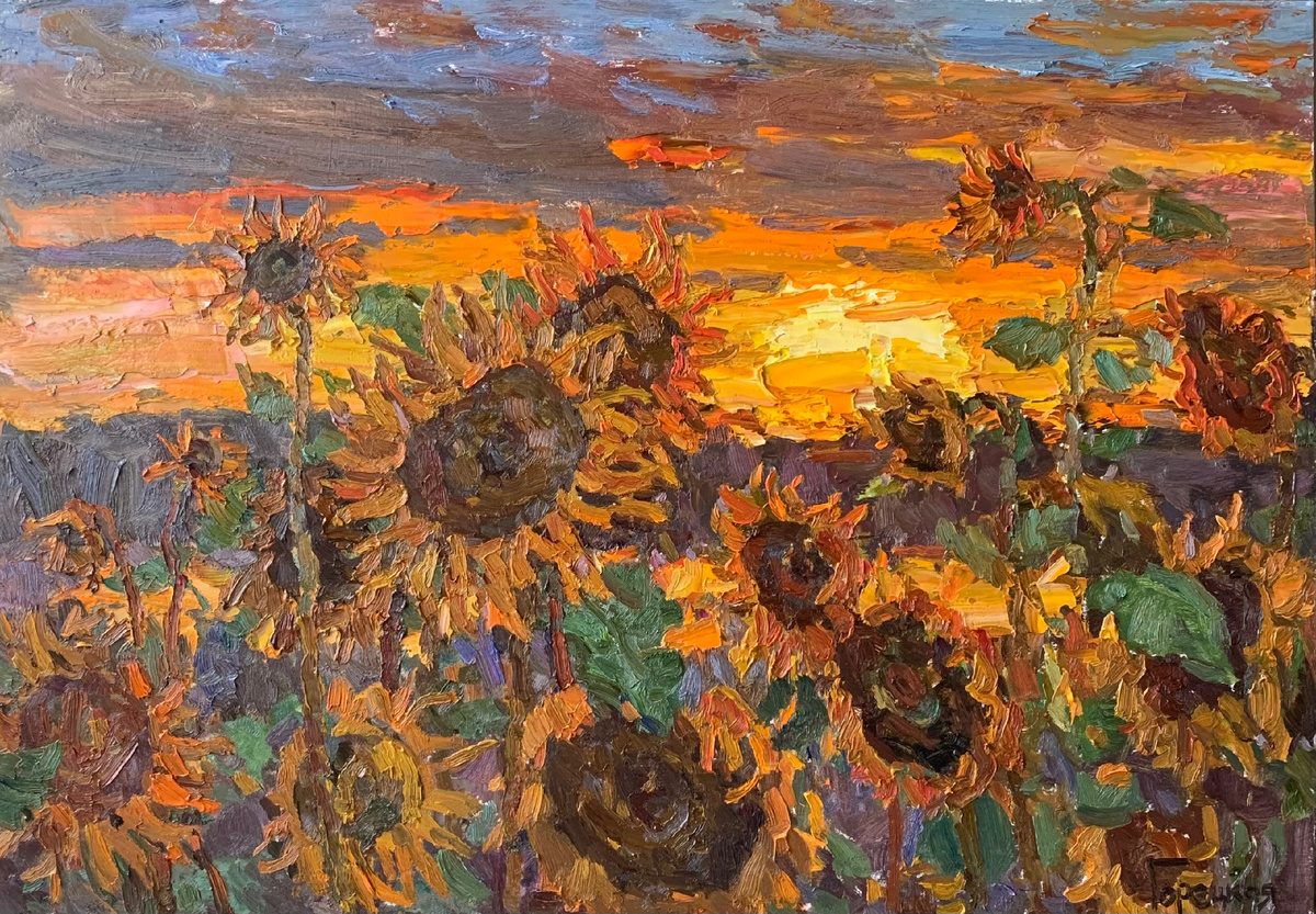 Полина Горецкая «Подсолнухи» 2025 картон, масло 70х100