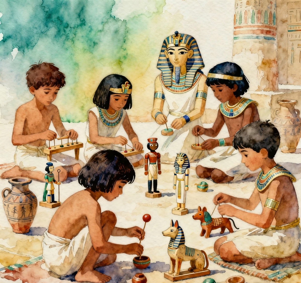 Дети в Древнем Египте играют в игрушки из дерева и глины