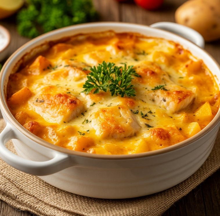 Картофель, нежное филе, сырная корочка — и ужин готов, после которого никто не спросит: «А где мясо?» Просто вкусно. Для всех.