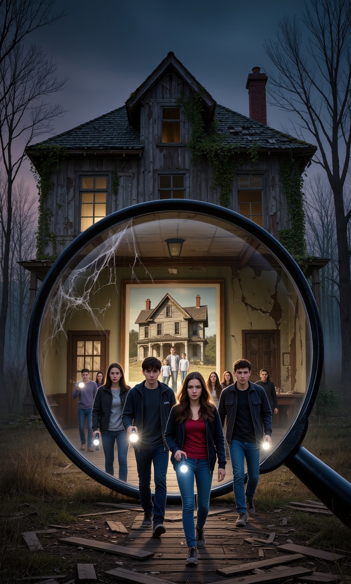 Однажды вечером, решив проверить свои смелость, группа подростков решила войти внутрь. Они зашли через разбитую дверь и медленно пошли по тускло освещенному коридору. В воздухе пахло пылью и сыростью, стены были покрыты трещинами и паутиной. В одной из комнат они нашли старую фотографию, на которой запечатлена семья, улыбающаяся на фоне этого же дома. Глаза на фотографии казались живыми, словно смотрели прямо на них.