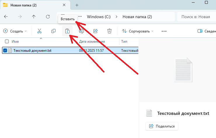 Рис. 2 Иконка "Вставить" в Проводнике
