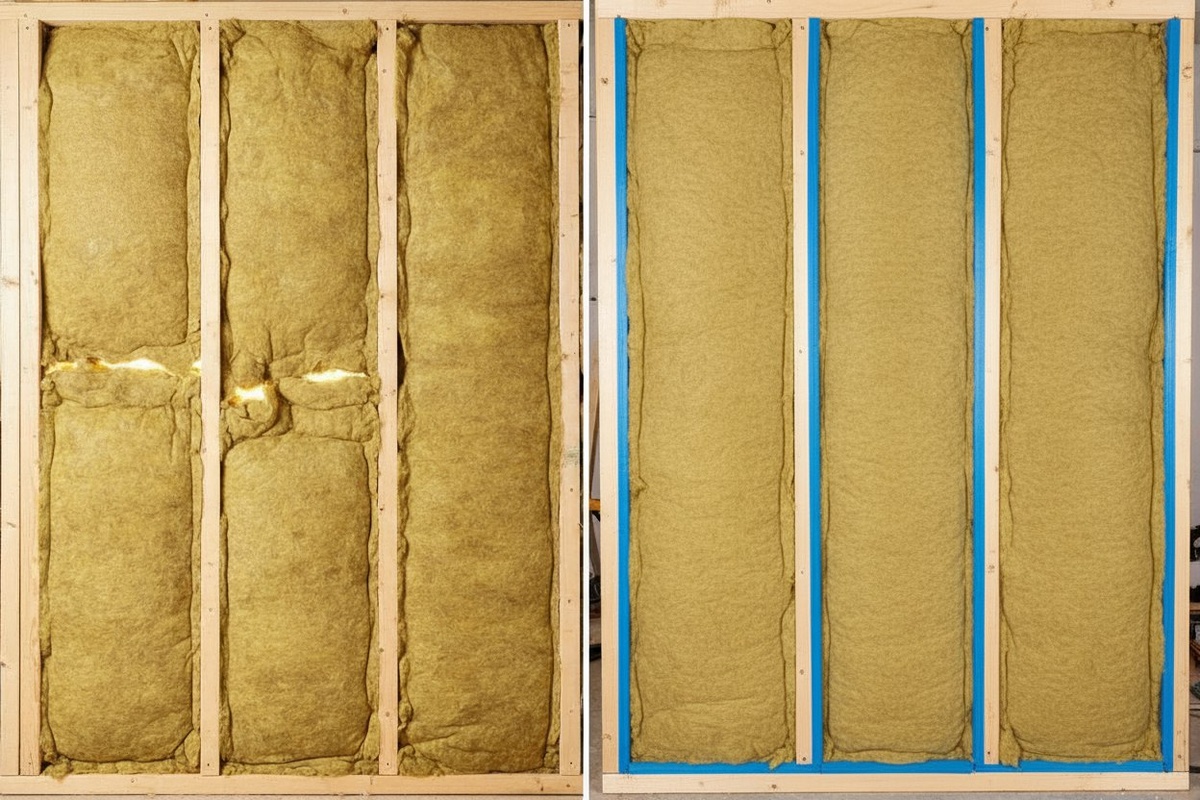 Пример неправильного монтажа минеральной ваты с видимыми щелями, а также правильный монтаж с герметизацией