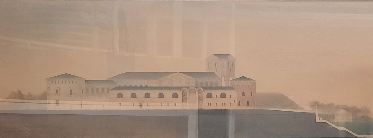 Пограницкая Н. В. Проект здания «Музея города». Фасад со стороны улицы. г. Смоленск. 1940-е гг. г. Материал, техника:бумага, карандаш, акварель. Размер: 44,1х117,6 см. Место хранения: Музей архитектуры имени А.В. Щусева. Экспозиция выставки «Архитектура памяти» (КВЦ имени Тенишевых, Смоленск). Автор фото: К. Тихонова. Октябрь 2025 года.