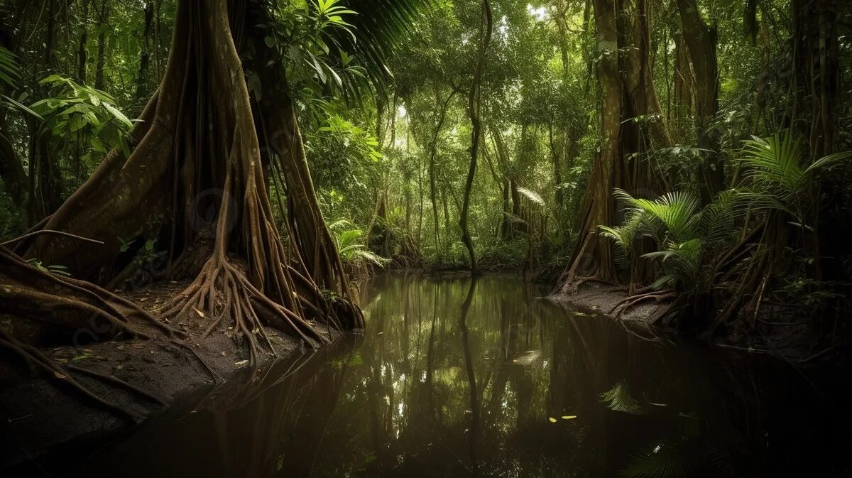 Реалистичное фото густого тропического леса Амазонии с влажным воздухом и зелёным куполом