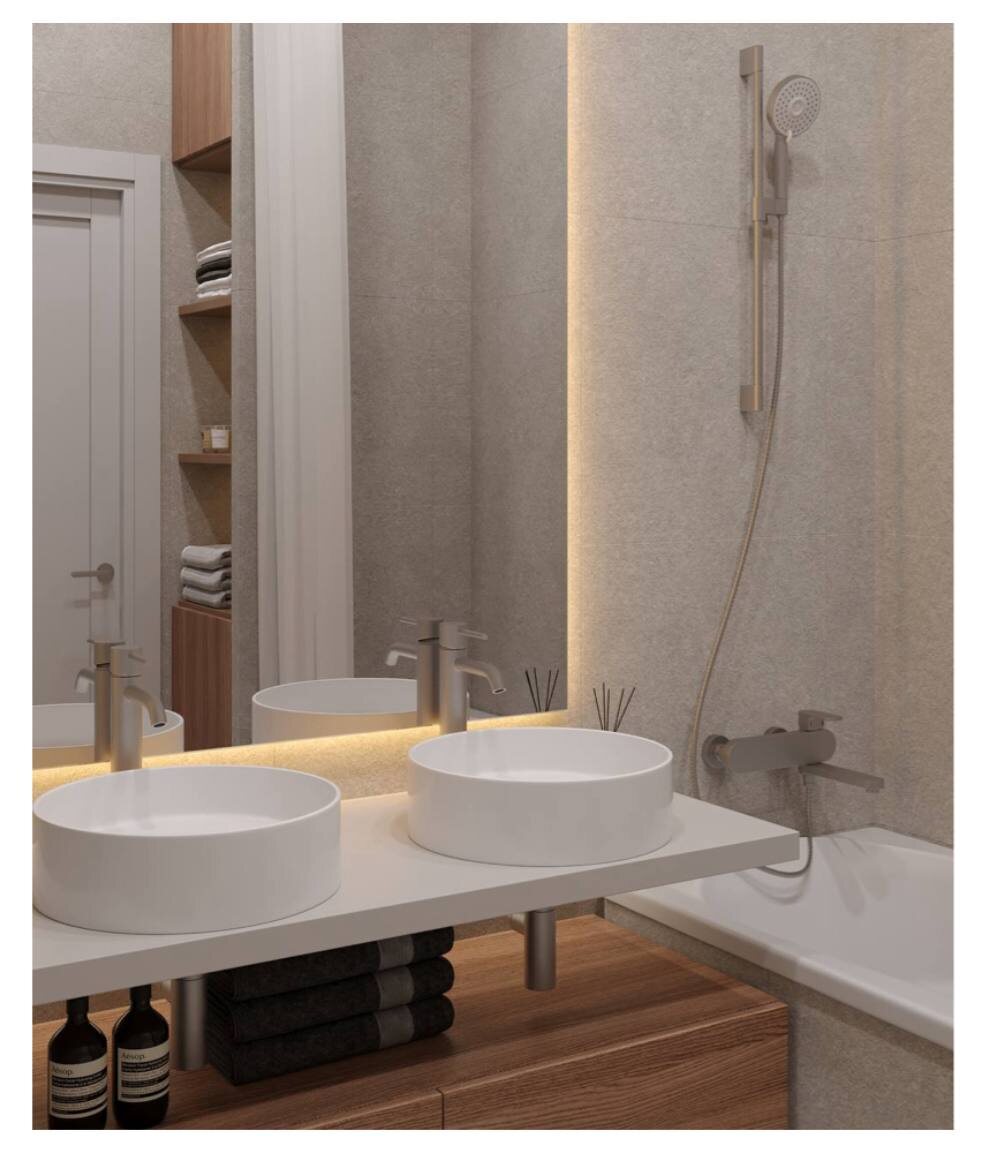 Дизайн и ремонт ванной комнаты в квартире 67,5 кв.м. для молодой семьи в Ново-Переделкино от ГК “Поколение”