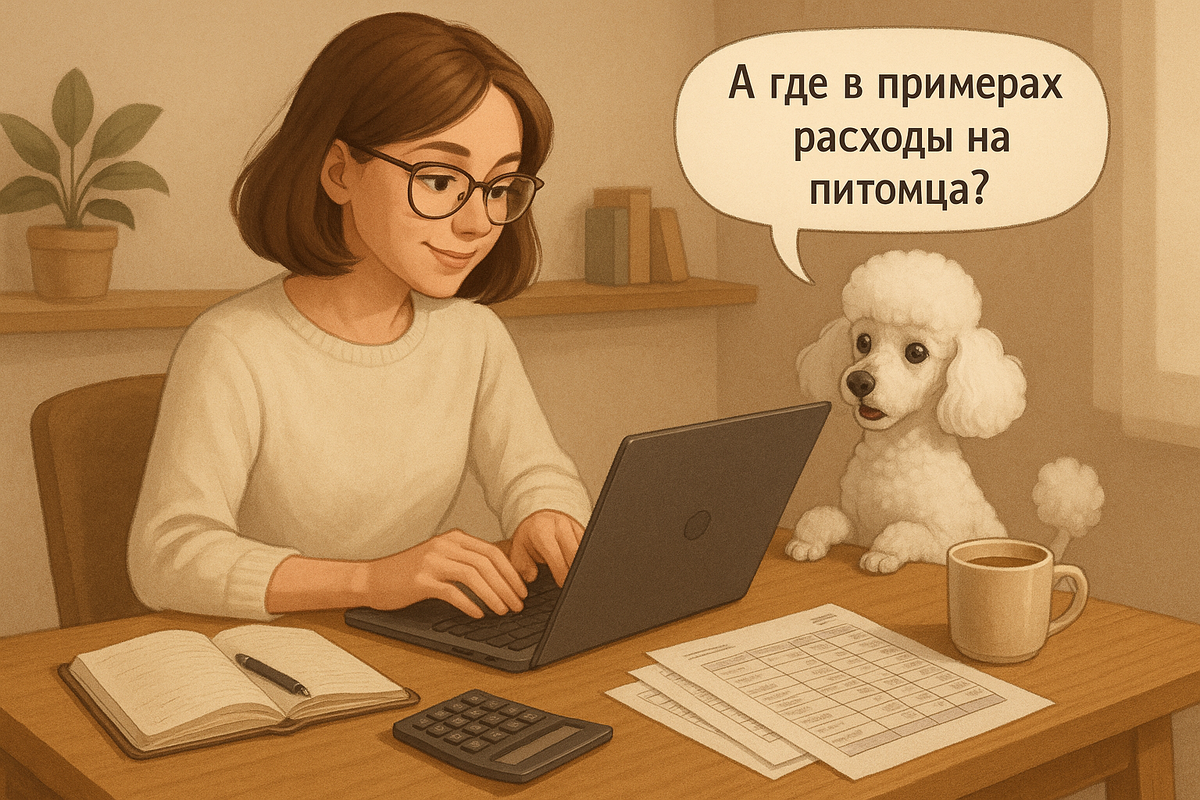 Траты на  корм собаке у меня  в разделе "Продукты", стрижем его сами.