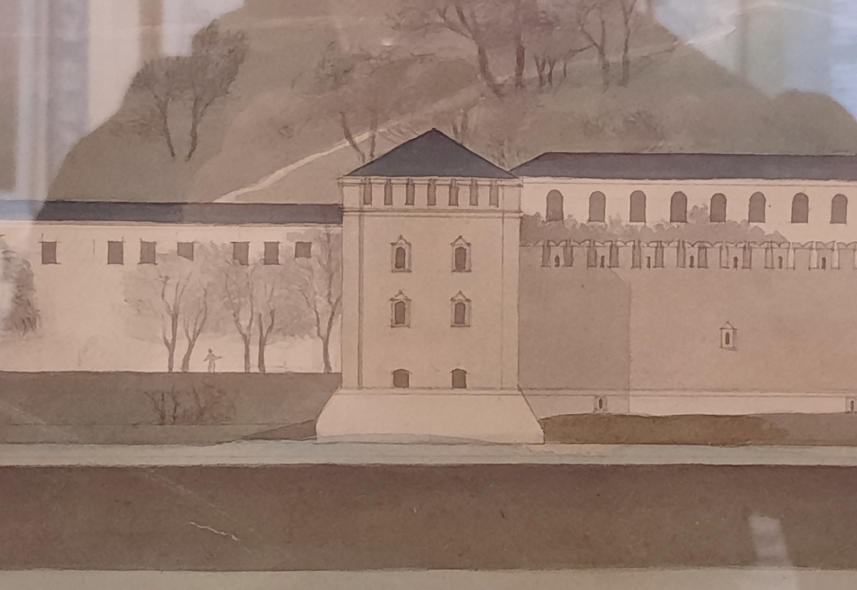 Г. П. Гольц. Панорама города со стороны Днепра. Фрагмент с видом на Волкову башню. 1945. Бумага, акварель, карандаш. 74 × 159,1 см. Собрание Музея архитектуры имени А. В. Щусева.