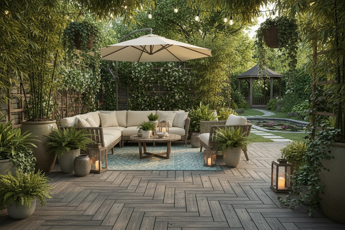 Вид на террасу, окруженную растениями, с деревянной или композитной террасной доской, уютное место для отдыха