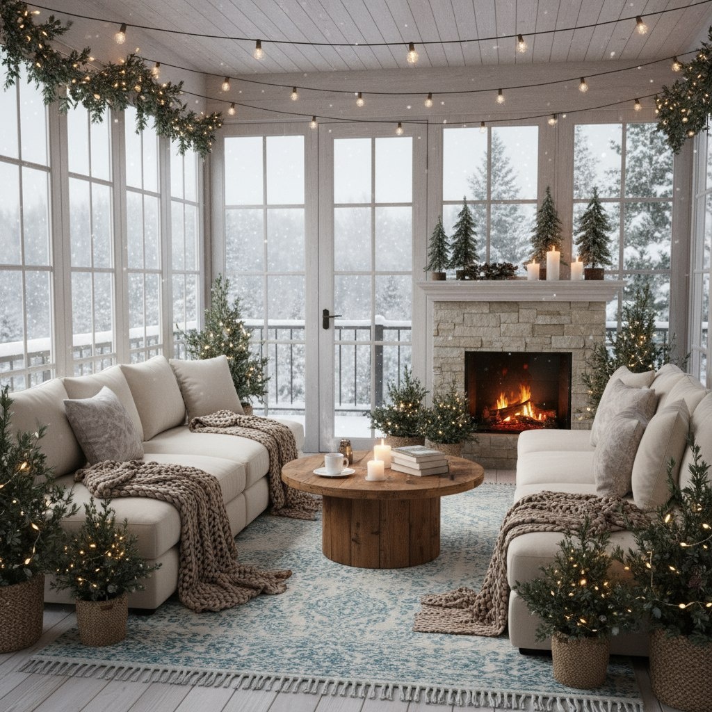 Пример закрытой террасы с окнами и дверями, уютная мебель и зимний декор