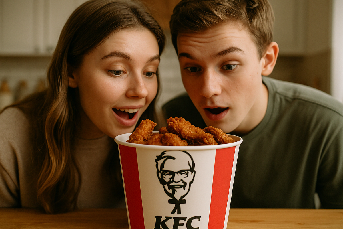Девушка и парень с аппетитом заглядывают в ведёрко с крылышками KFC