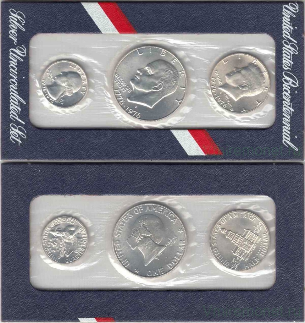 Набор 1975 года монет из сплава с содержанием серебра 40% (UNC). Присутствует доллар "тип I". Монеты чеканились на монетном дворе в Сан-Франциско (на аверсе указание на монетный двор - S). Коллаж из фото, размещённых в сети Интернет (источник сайт https://vmiremonet.ru/)