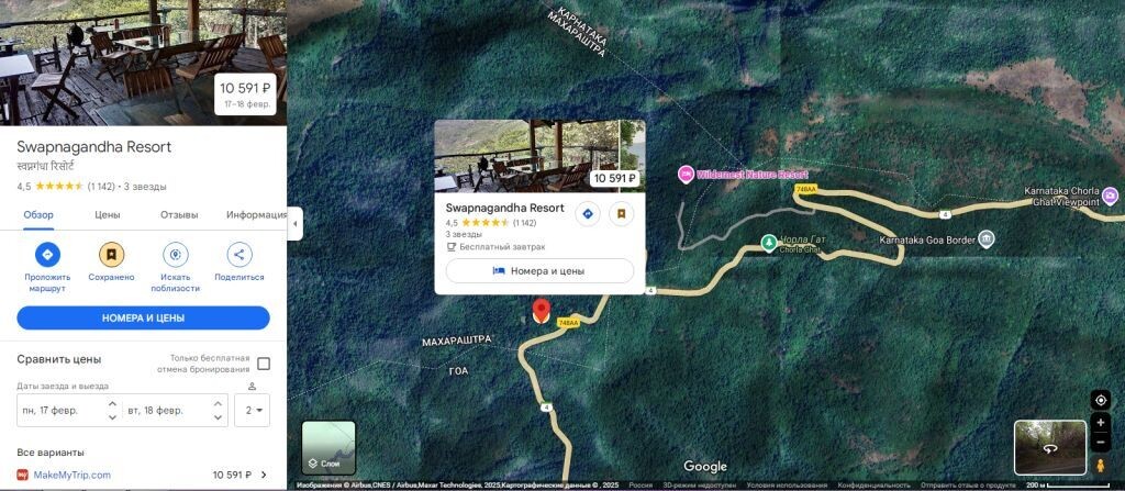 Карта с меткой местоположения эко-отелей Дикое гнездо и Свапнагандха