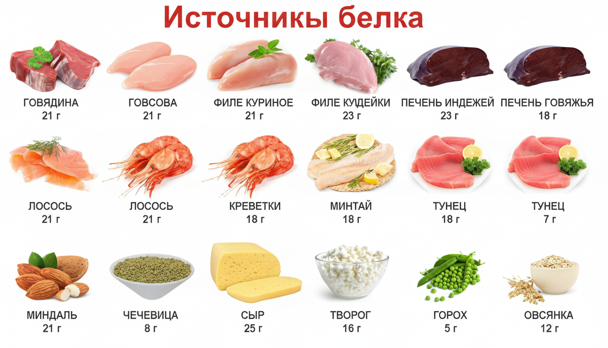 Источники белка с указанием граммов на порцию