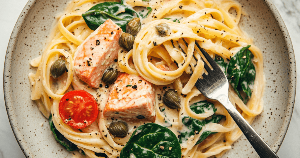 🍝 Паста с лососем и шпинатом — итальянская гармония вкуса на ужин 🌿🐟
