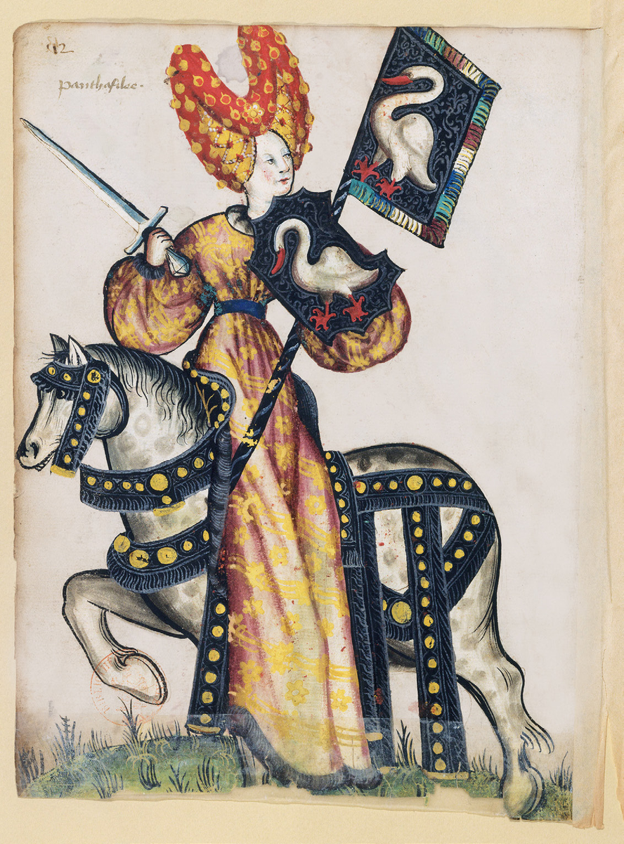 Пентезилия, королева амазонок
В средневековом искусстве Пентезилия обычно не предстает в одиночестве. Она часто фигурирует в составе "Девяти доблестных", популярного цикла изображений выдающихся женщин, взятых из античной мифологии. Эти "Добродетельные дамы" были геральдически оформлены во второй половине XIV века, однако их состав долгое время оставался изменчивым. Лишь Пентезилия, чьим символом неизменно был загадочный "серебряный лебедь", сохраняла постоянное место в различных источниках.
Petit armorial équestre de la Toison d 'or, Лилль, ок. 1435-40. Париж, Национальная библиотека де Франс, г-жа Клерамбо 1312, лист 248.