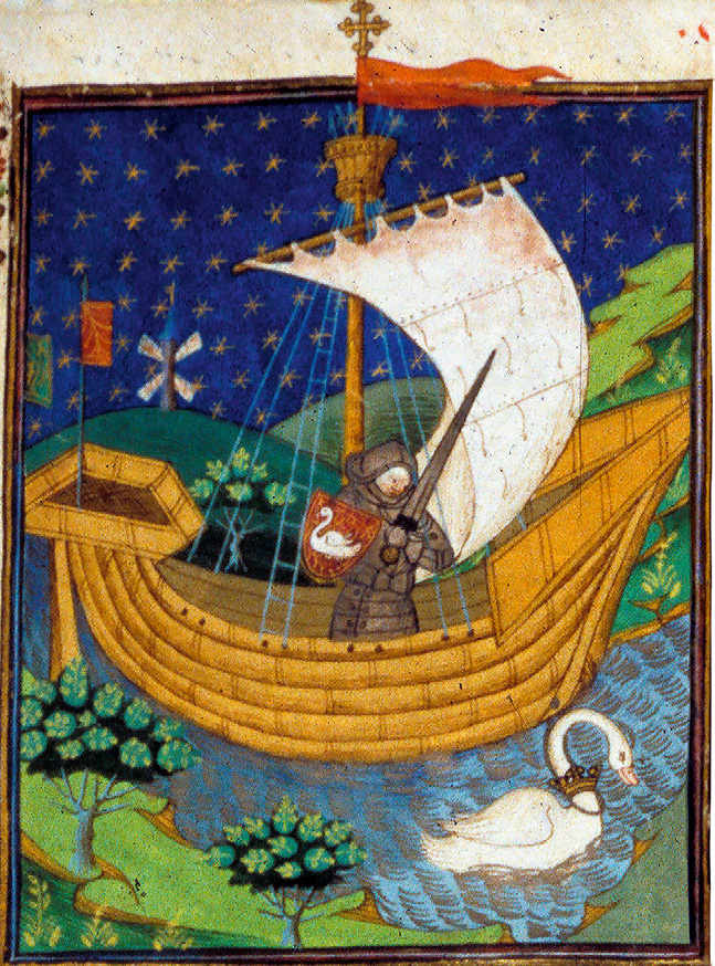 Лебединый рыцарь
Сказание о Лебедином рыцаре дошло до нас в множестве интерпретаций. Наиболее известная версия повествует о загадочном рыцаре, появившемся в Неймегене на лодке, которую вел лебедь. Он покорил всех своей отвагой и благородством, женился и обрел богатство и власть. Однако, как и появился, он исчез, когда вернулся лебедь, оставив после себя лишь тайну.
Книга Талбота Шрусбери, Руан, ок. 1445. Лондон, Британская библиотека, MS Royal 15 E VI, фолио 273.