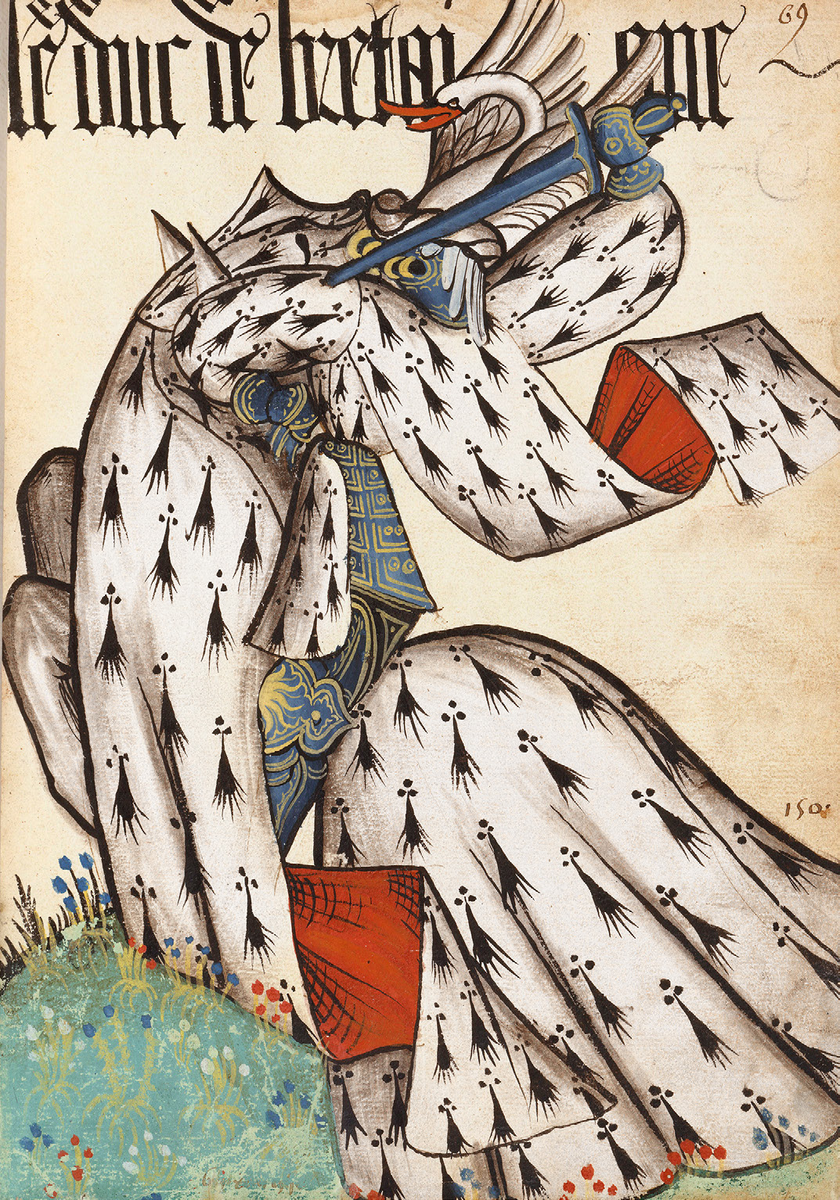 Конный портрет герцога Бретани
В "Великой оружейной книге Золотого руна и Европы" изображение герцога Бретани выделяется среди всех остальных, поражая воображение и как будто игнорируя правила перспективы и геометрии. Однако, несмотря на рыцарский наряд и изображение на коне, в представленных здесь элементах нет ничего, что указывало бы на бретонское происхождение. Горностай, использованный в качестве геральдического символа, был знаком младшей ветви дома Дрё, от которой происходили герцоги Бретани, начиная с Пьера Маклерка, умершего в 1250 году.
Гранд-армориал équestre de la Toison d 'or et de l' Europe, Лилль, ок. 1435-38. Paris, Bibliothèque de l'Arsenal, ms. 4790, folio 69.