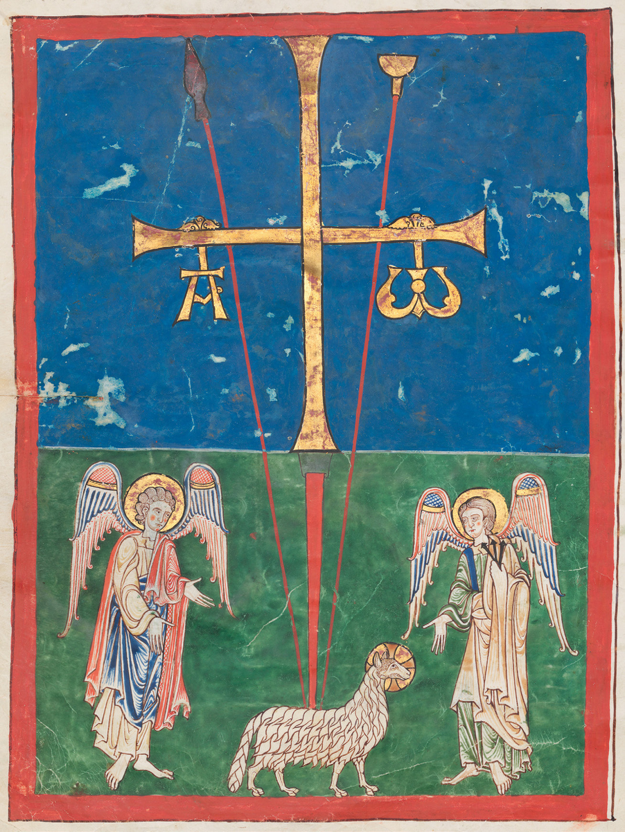 Агнец как символ Христа
Иллюстрация, открывающая рукопись «Комментария к Апокалипсису» монаха Беата де Лиебана (приблизительно 750-98 гг.), является визуальным воплощением библейского стиха: "Я есмь Альфа и Омега, начало и конец... Тот, Кто есть и был и грядет, Вседержитель" (Откровение 1:8).
Беатус де Льебана, Комментарий на Апокалипсис, монастырь Сан-Педро-де-Карденья, недалеко от Бургоса, Испания, ок. 1175-80. Мадрид, Музей Аркеолоджико Насьональ, Инв. 1962. 73. 2, лист 1 B.