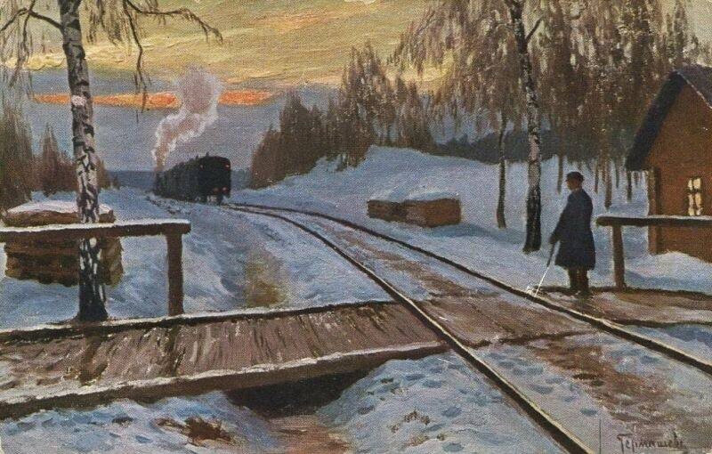 Светает. Железная дорога. Поезд.