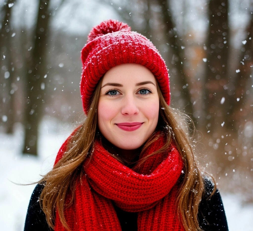 Девушка в шапке и с шарфом.