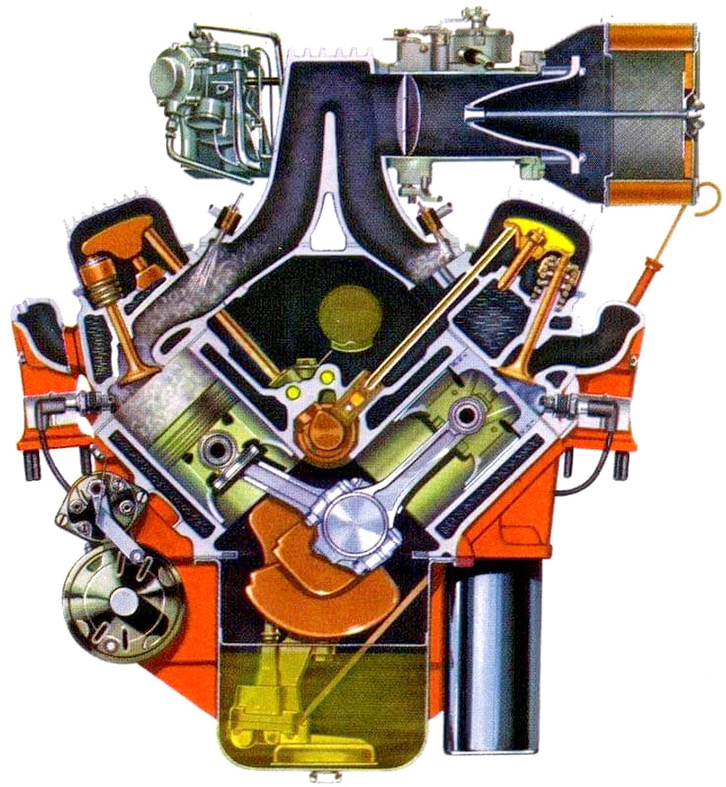 Разрез 4,64‑литрового V-8 Corvette с механическим непрерывным впрыском Rochester Ramjet