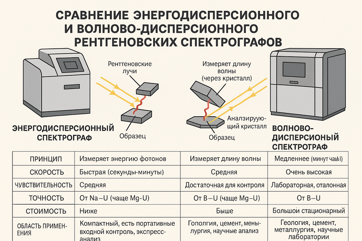  Всё о Дзене Вакансии Дзен на  iOS и Android  Ещё Эту статью может увидеть больше людей Настройте продвижение для привлечения внимания к публикации и роста числа подписчиков Настроить продвижение ooo.Radonika ваш канал Перейти в Студию Энергодисперсионные и волноводисперсионные рентгеновские спектрографы: сравнительный анализ и области применения 19 октября 19 2 мин Оглавление 1.📘 Энергодисперсионные и волноводисперсионные рентгеновские спектрографы: сравнительный анализ и области применения # Энергодисперсионный РФА (ЭДРФА) # Волноводисперсионный РФА (ВДРФА) Аналитические возможности Практические примеры Выбор подхода Решения компании «Радоника» Свернуть 1.📘 Энергодисперсионные и волноводисперсионные рентгеновские спектрографы: сравнительный анализ и области применения # Энергодисперсионный РФА (ЭДРФА) Метод основан на регистрации энергии характеристических рентгеновских фотонов, испускаемых атомами при релаксации после возбуждения первичным излучением. Детектор (обычно Si-PIN или SDD) преобразует энергию каждого фотона в электрический импульс, формируя энергоразрешённый спектр.  - Разрешающая способность: 125–160 эВ (для линий Mn-Kα) - Пределы обнаружения: от 1–10 ppm для тяжёлых элементов - Рабочий диапазон элементов: от Na до U (практически — Mg–U)  Преимуществом является высокая скорость анализа, простота эксплуатации и возможность портативного исполнения.  # Волноводисперсионный РФА (ВДРФА) ВДРФА использует дифракцию характеристического излучения на кристалле (закон Брэгга: nλ = 2d sinθ). Каждая длина волны измеряется последовательно с помощью сканирующего гониометра и анализирующего кристалла (LiF, PET, Ge и др.).  - Разрешающая способность: 10–20 эВ - Пределы обнаружения: до 0.1–1 ppm - Рабочий диапазон элементов: от B до U  Метод обеспечивает высочайшую спектральную разрешающую способность и стабильность результатов, особенно при анализе лёгких элементов и сложных матриц.   сравнение энергодисперсионного и волново-дисперсионного спектрографов