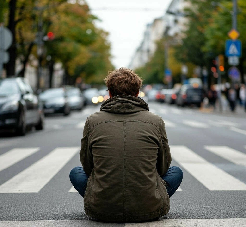 Спокойный мужчина на пешеходном переходе.