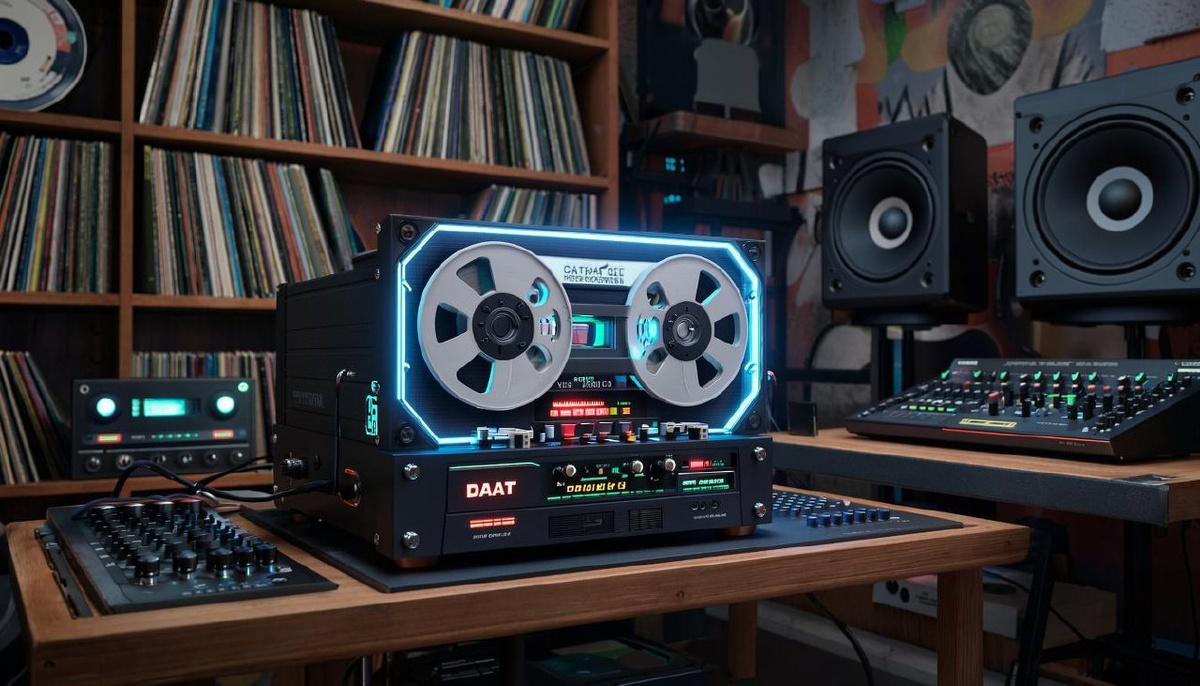 Ретро-магнитофон DAT-формата в киберпанк-стиле