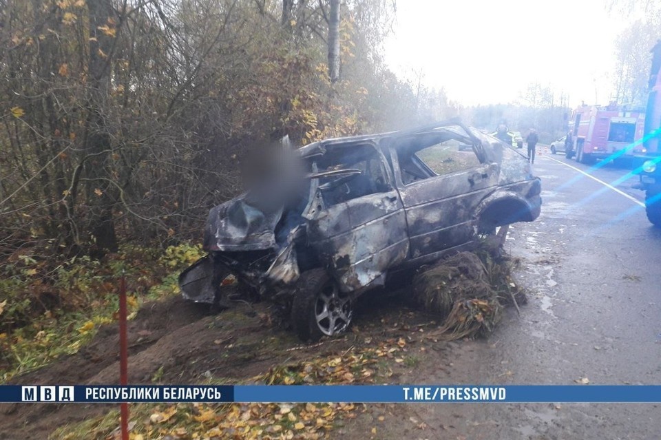    Два человека погибли в сгоревшем при ДТП автомобиле в Кричевском районе. Фото: МВД Беларуси