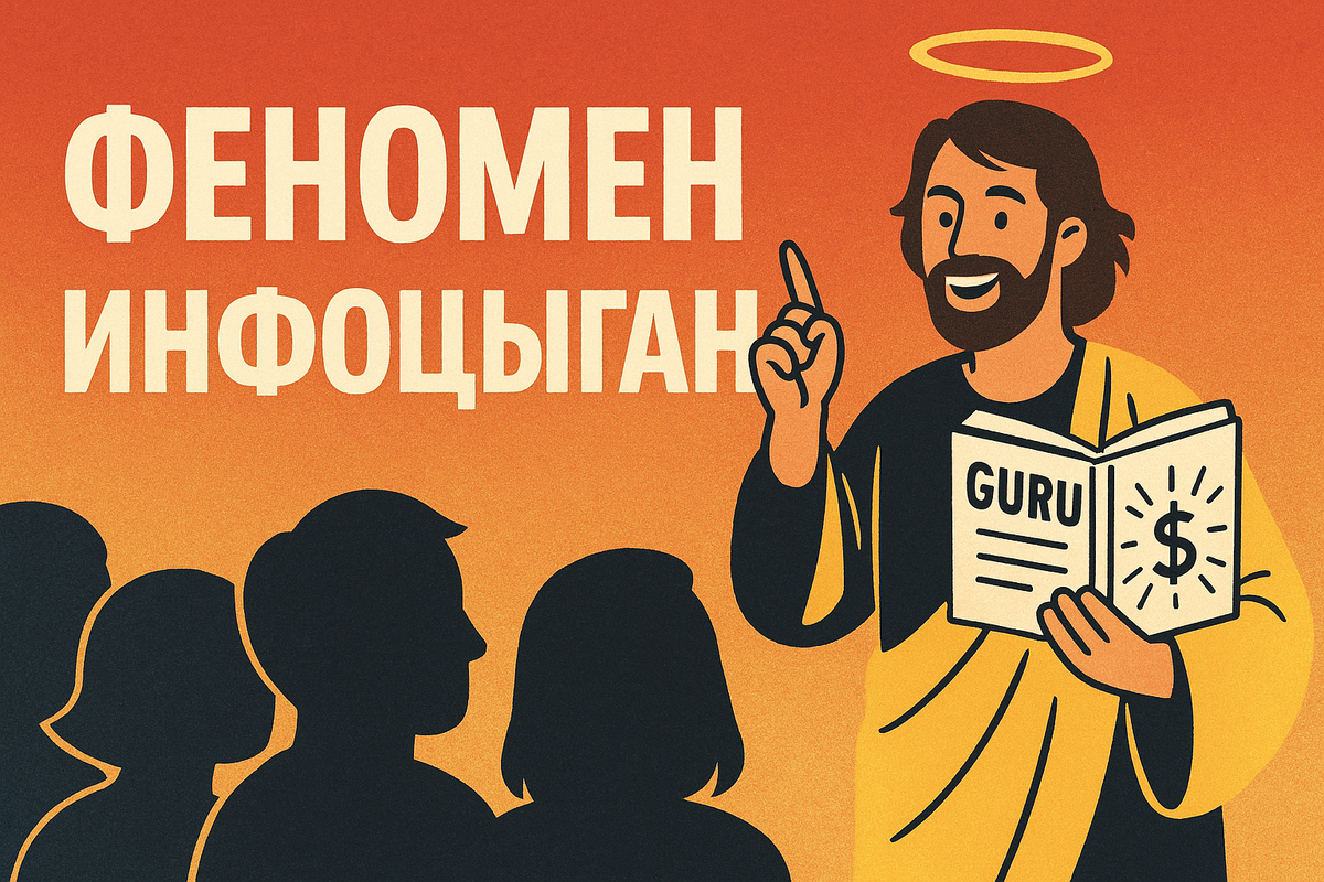 «Силуэт харизматичного спикера на сцене перед толпой в полумраке, символизирующий феномен инфоцыган и манипуляцию массовым сознанием. Атмосфера — оранжево-фиолетовый свет, контраст истины и иллюзии.»