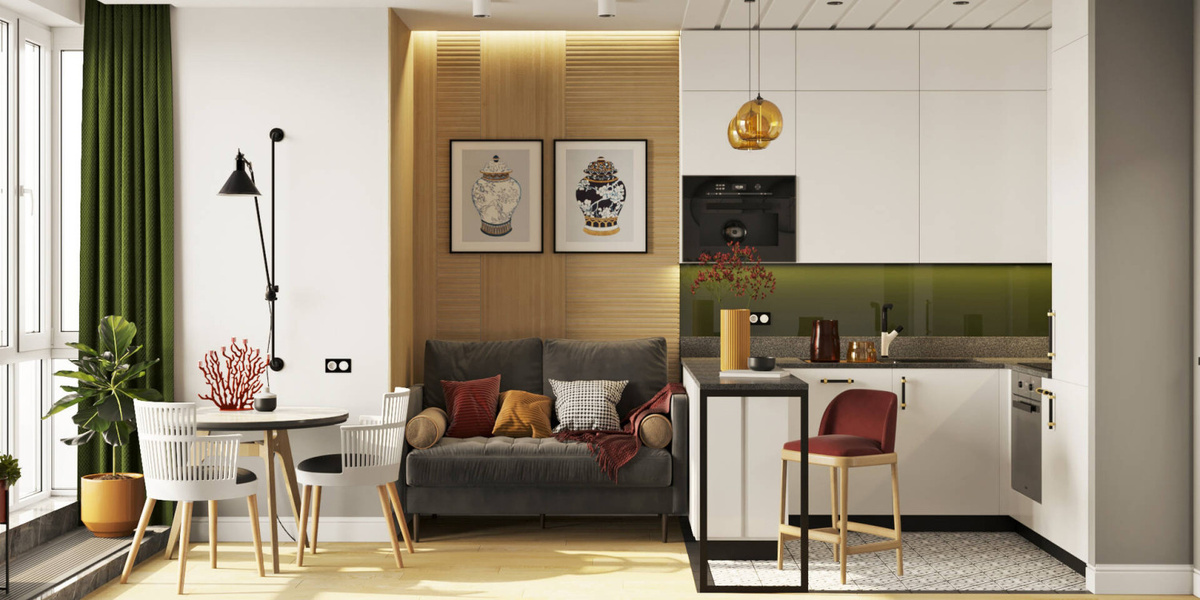 Проект компактной кухни должен быть максимально детализирован, чтобы учесть все необходимые элементы. Проект для молодой супружеской пары в ЖК «Среда», дизайнер Аида Беглова