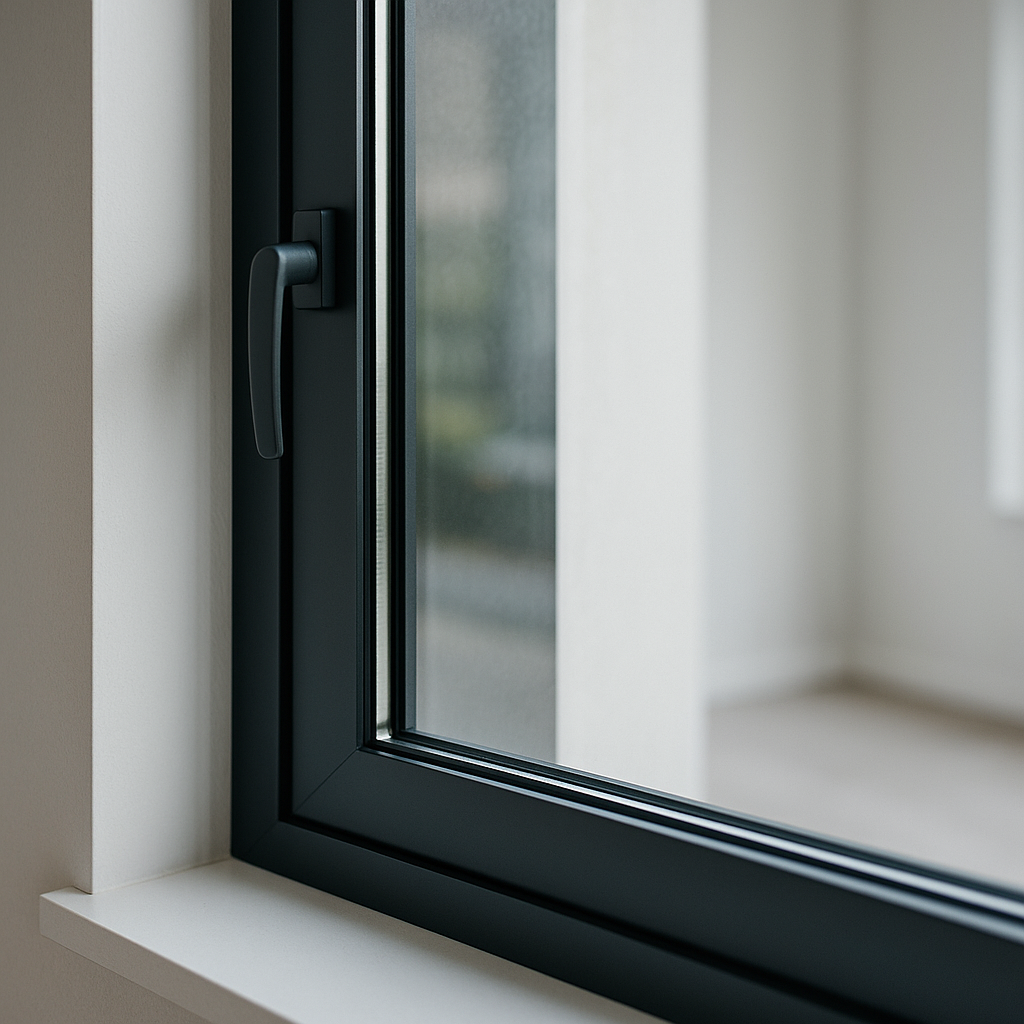 Современное алюминиевое окно: тонкий профиль, отражающее стекло, мягкое естественное освещение.