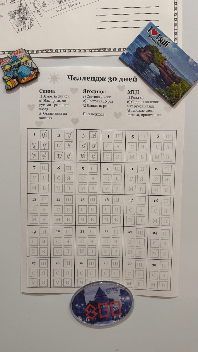 Первый раз просто отмечала на бумажке карандашом, а на второй немного подзаморочилась – все оформила, распечатала, чтобы отмечать было приятнее.