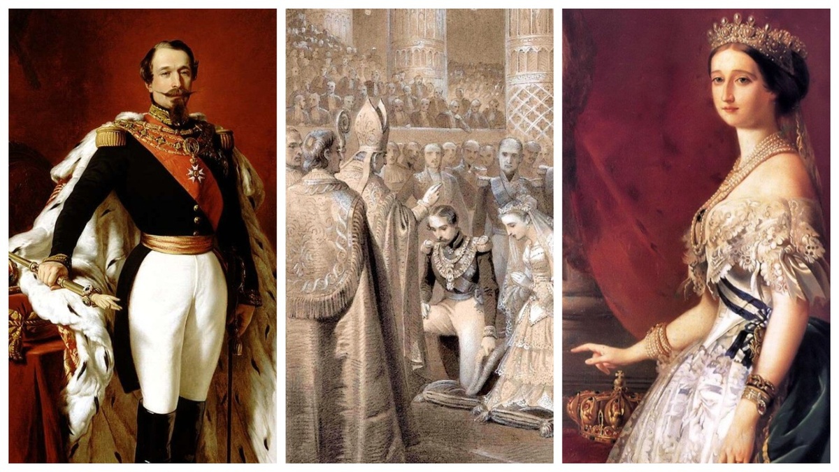 Портреты Наполеона III и императрицы Евгении с короной. Свадьба.