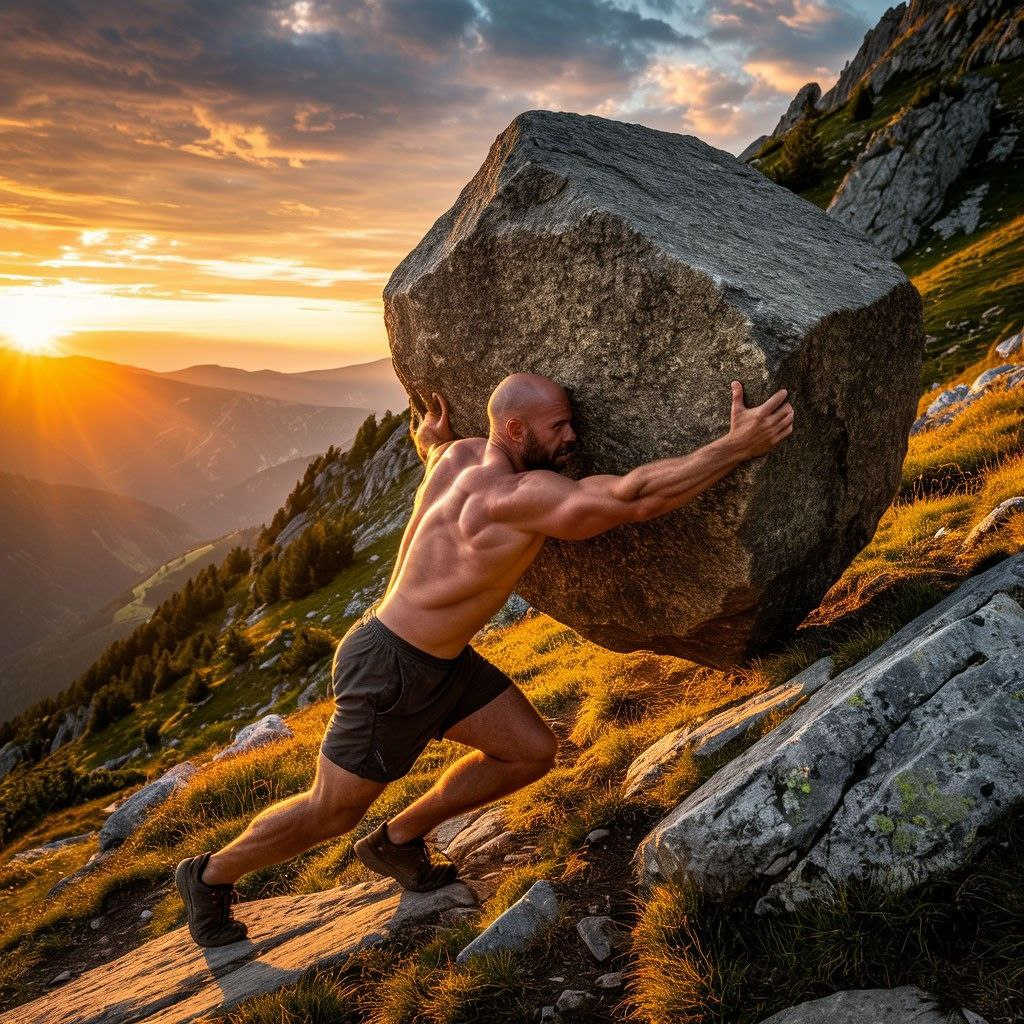 Сгенерированно ИИ. Сизиф толкающий камень.