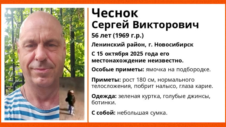 В Новосибирске без вести пропал 56-летний Чеснок в зелёной куртке