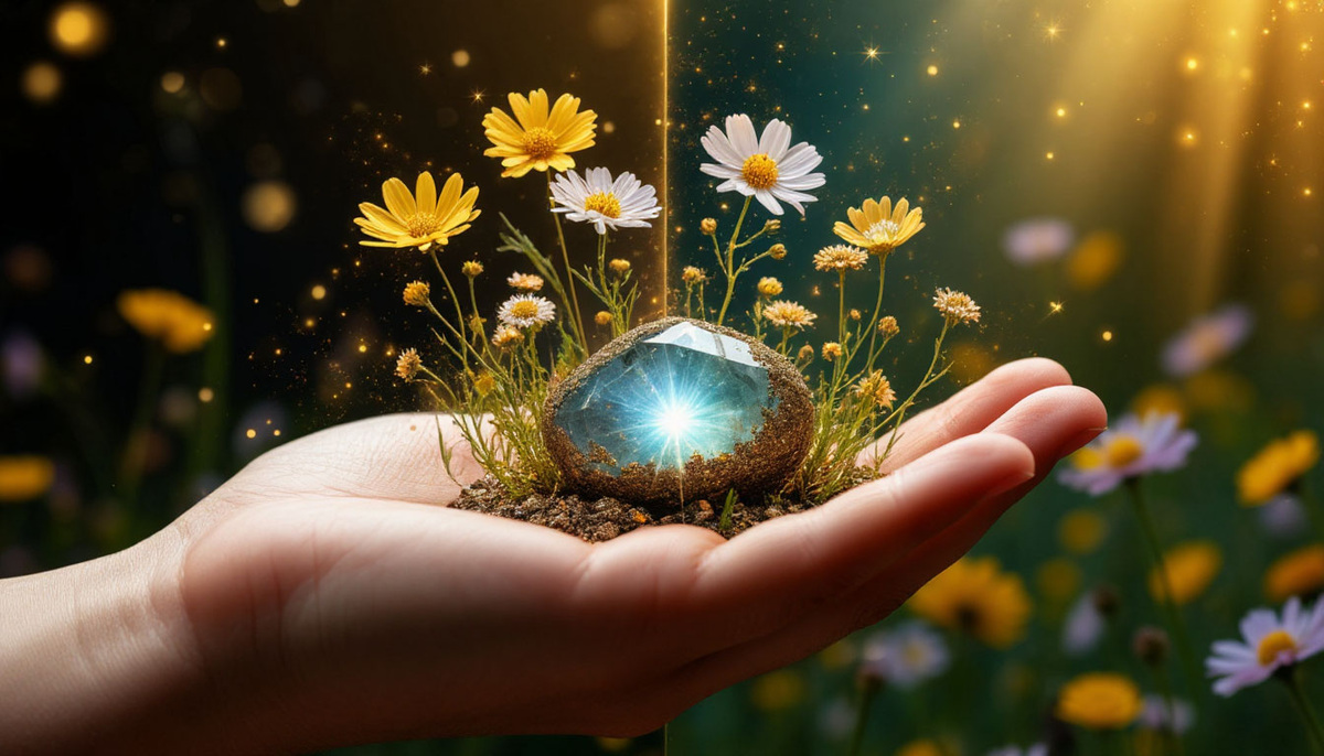 Момент мгновенного магического превращения одной реальности в другую, прямо на ладони человека. Рука вытянута вперед в жесте предлагающем или принимающем. На ладони лежит обычный, тусклый камень, который прямо на глазах начинает трансформироваться: он трескается, и изнутри льётся яркий золотой свет, его поверхность расслаивается, обнажая кристаллическую решётку, а сам он превращается в сияющий драгоценный камень или прорастает живым, цветущим растением. Фон также раздваивается: с одной стороны руки — тусклая, чёрно-белая реальность, с другой — яркий, красочный мир изобилия (поле цветов, сияющий город, богатый урожай). Частицы света и символы изобилия (монеты, семена, звёзды) перетекают из одной реальности в другую через ладонь как через портал.