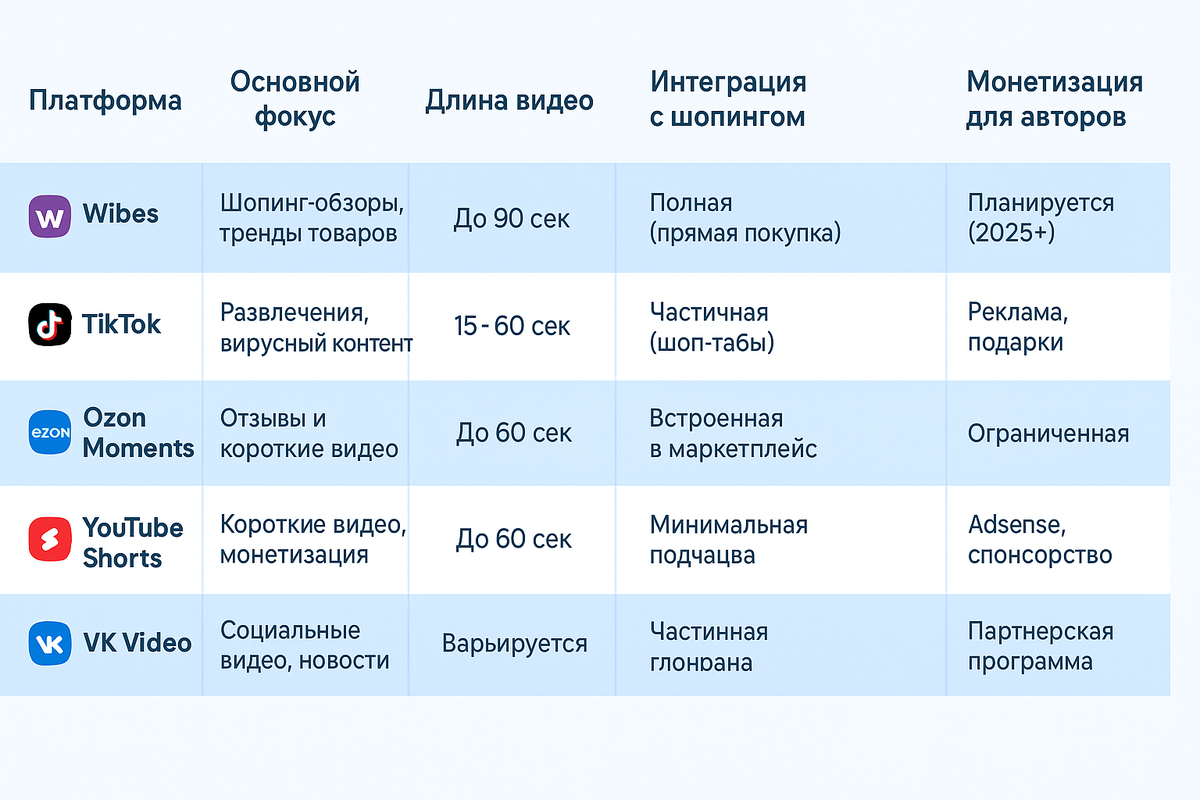 Данные основаны на отчетах 2025 года; Wibes выделяется фокусом на коммерцию, но уступает в развлекательном контенте.