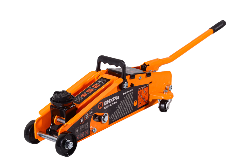 Домкрат гидравлический подкатной ДМК-2,5ФК Вихрь: подкатной, подхват - 140 мм, подъем - 390 мм, 2.5 тонны, фиксатор, кейс