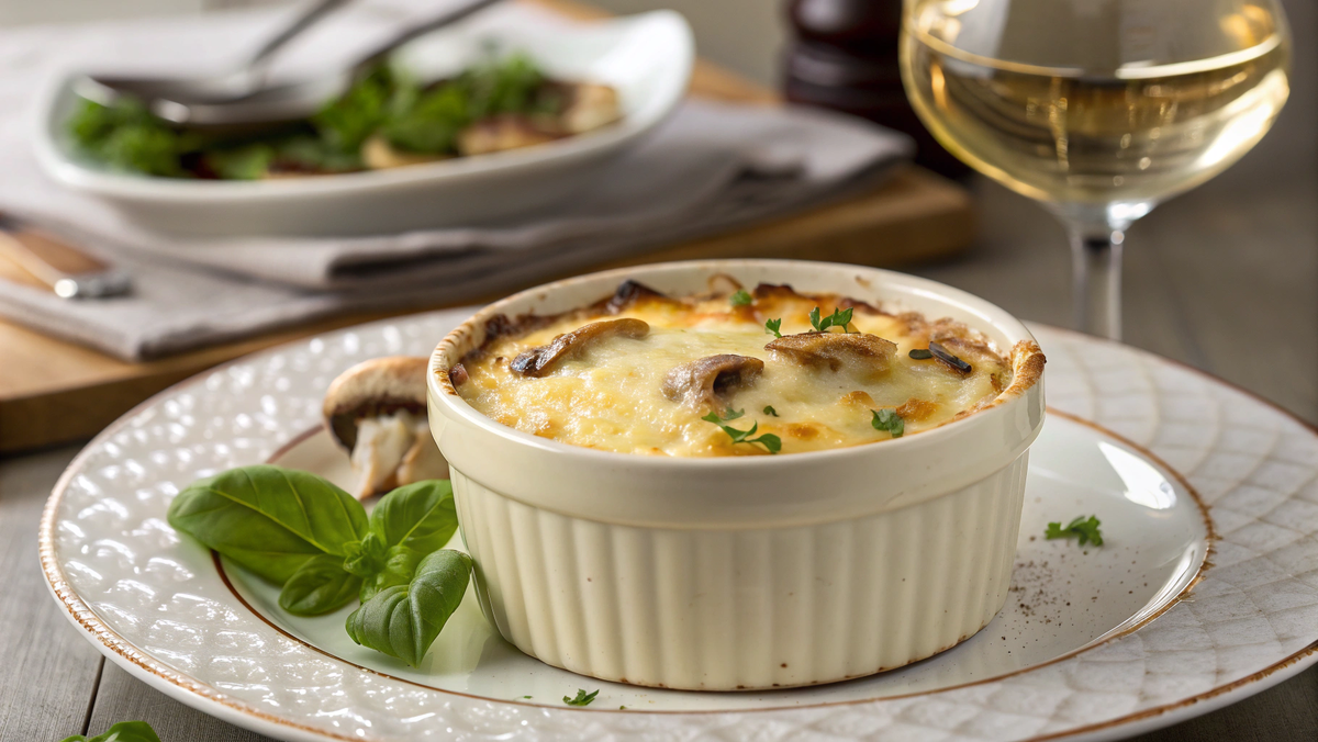 Фото: Одна порционная кокотница с готовым, горячим грибным жульеном стоит на красивой сервировочной тарелке