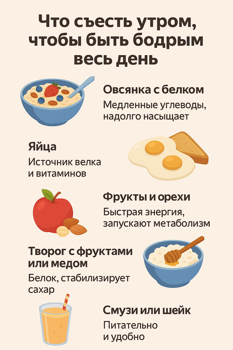 Утро — это старт твоего дня. И то, что ты съешь в первые часы, напрямую влияет на твою энергию, концентрацию и настроение.
Если после завтрака хочется снова лечь спать — значит, что-то не так с меню.
Вот 5 проверенных утренних продуктов и сочетаний, которые помогут быть бодрым до самого вечера. 💪