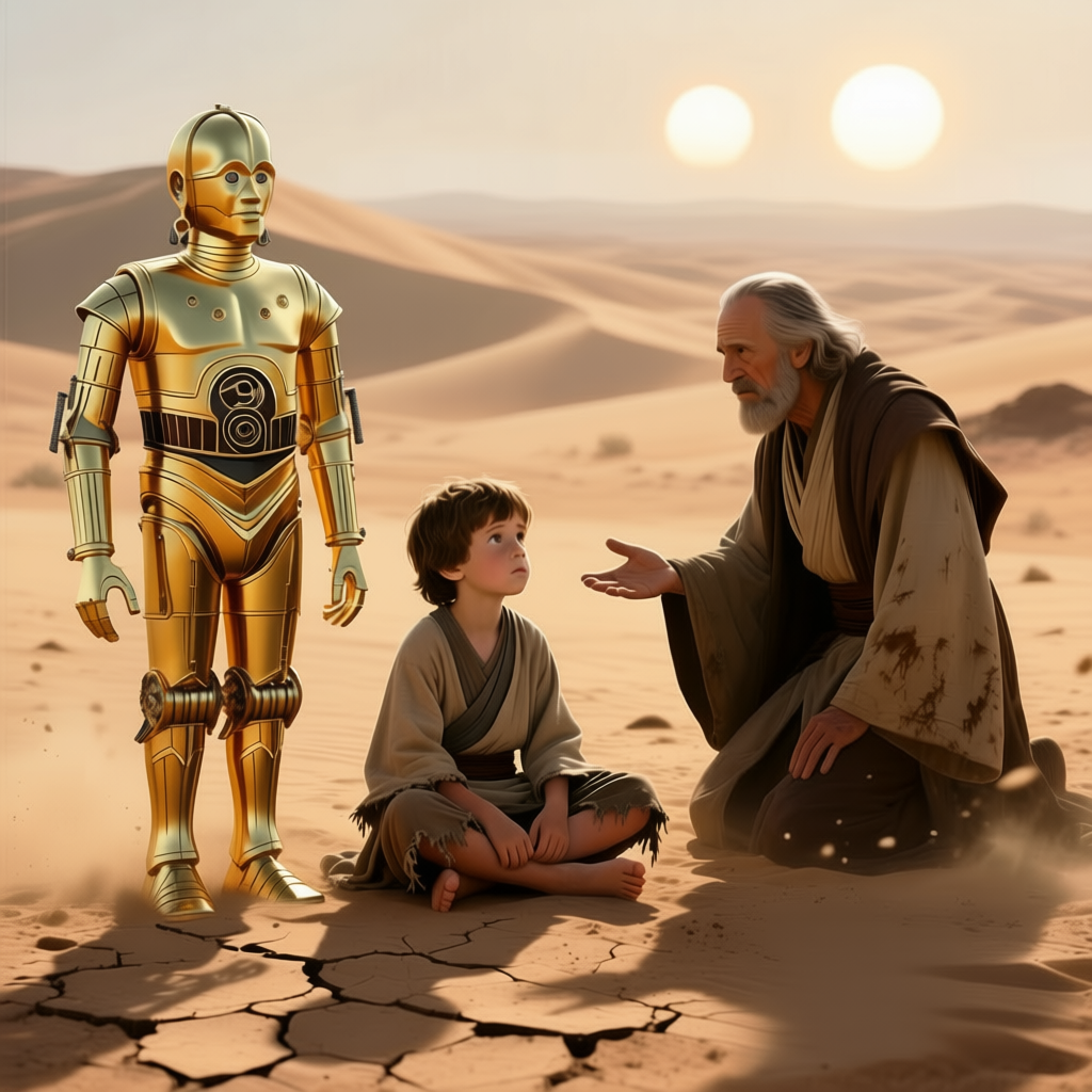 Слева направо: C-3PO,  Энакин Скайуокер, Квай-Гон Джинн