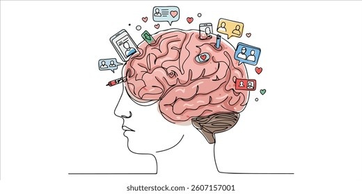 Мозг, перегруженный соцсетевыми иконками — иллюстрация дофаминовой зависимости.