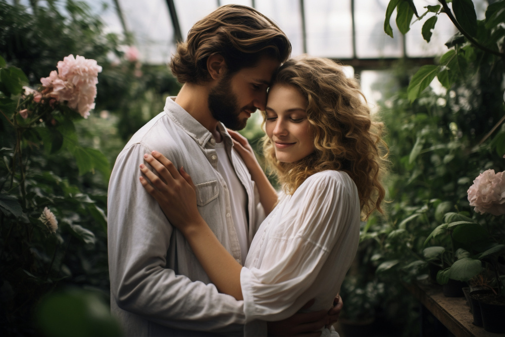 Влюблённая пара обнимается и наслаждается романтическим моментом во время зимнего путешествия вдвоём