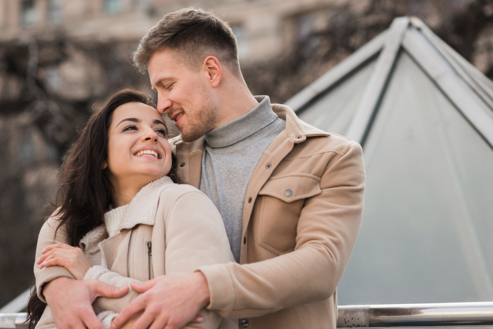 Счастливая пара обнимается на улице — символ свободы, лёгкости и новых возможностей