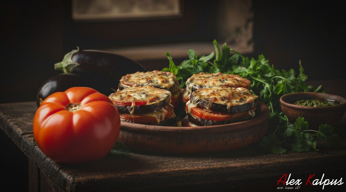 Баклажаны (бадриджаны) с пучхолия - запеченной овощной башенке, где слои обжаренных баклажанов и помидоров чередуются с той самой сырной начинкой на основе сулугуни, имеретинского сыра, мяты и аджики.