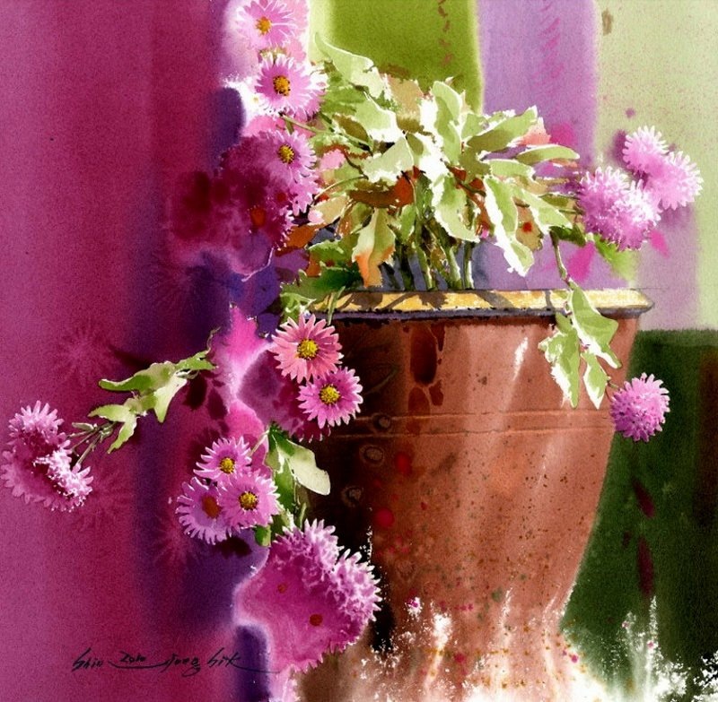 Две мои любимые работы Шин Чон Сика в этой галерее. Октябринки нравятся, наверное, за любимое сочетание фиолетового и зеленого