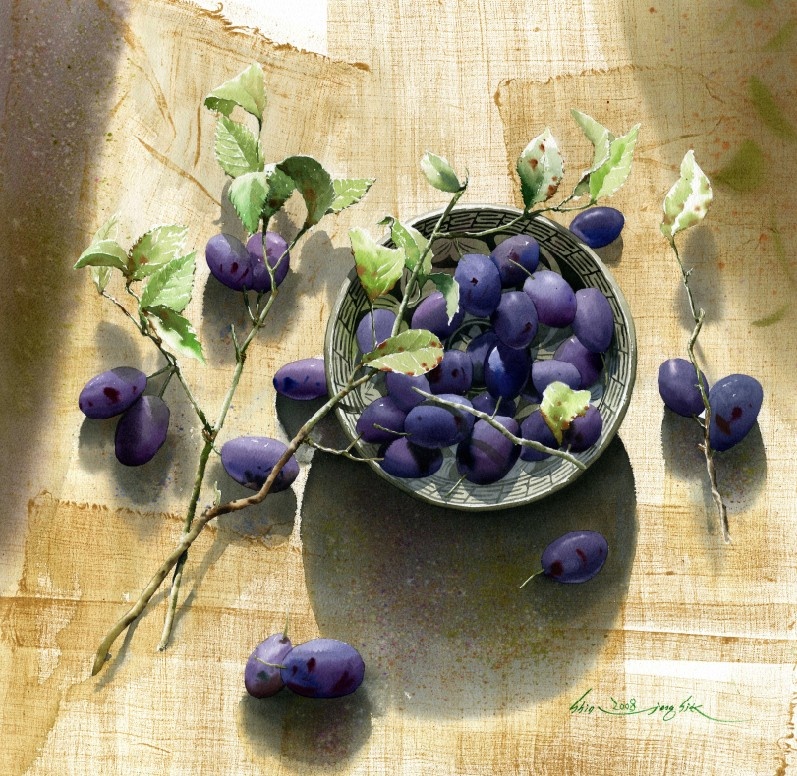 А в сливах - успокоеность композиции, вид сверху и как передан тончайший холст на плоскости стола. 